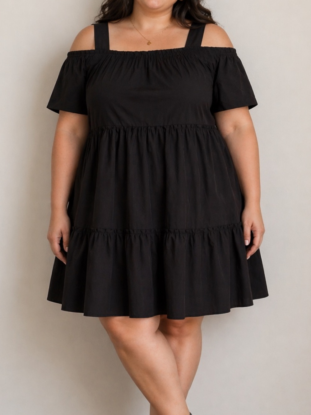 Plus-Size Black Off-Shoulder Tiered Dress